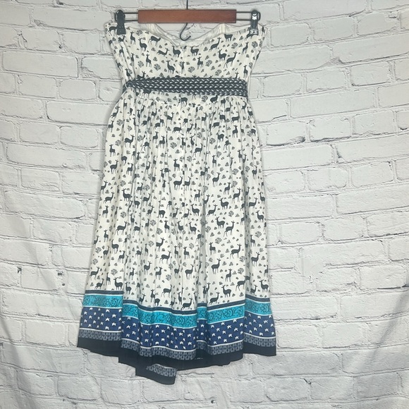Anna Sui White Blue Strapless Deer Print Belted Silk Dress Size 4 - Picture 2 of 10